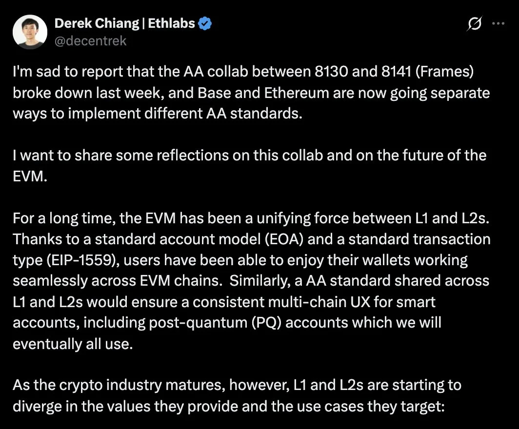 Ethereum L1 and Base Split Over Account Abstraction