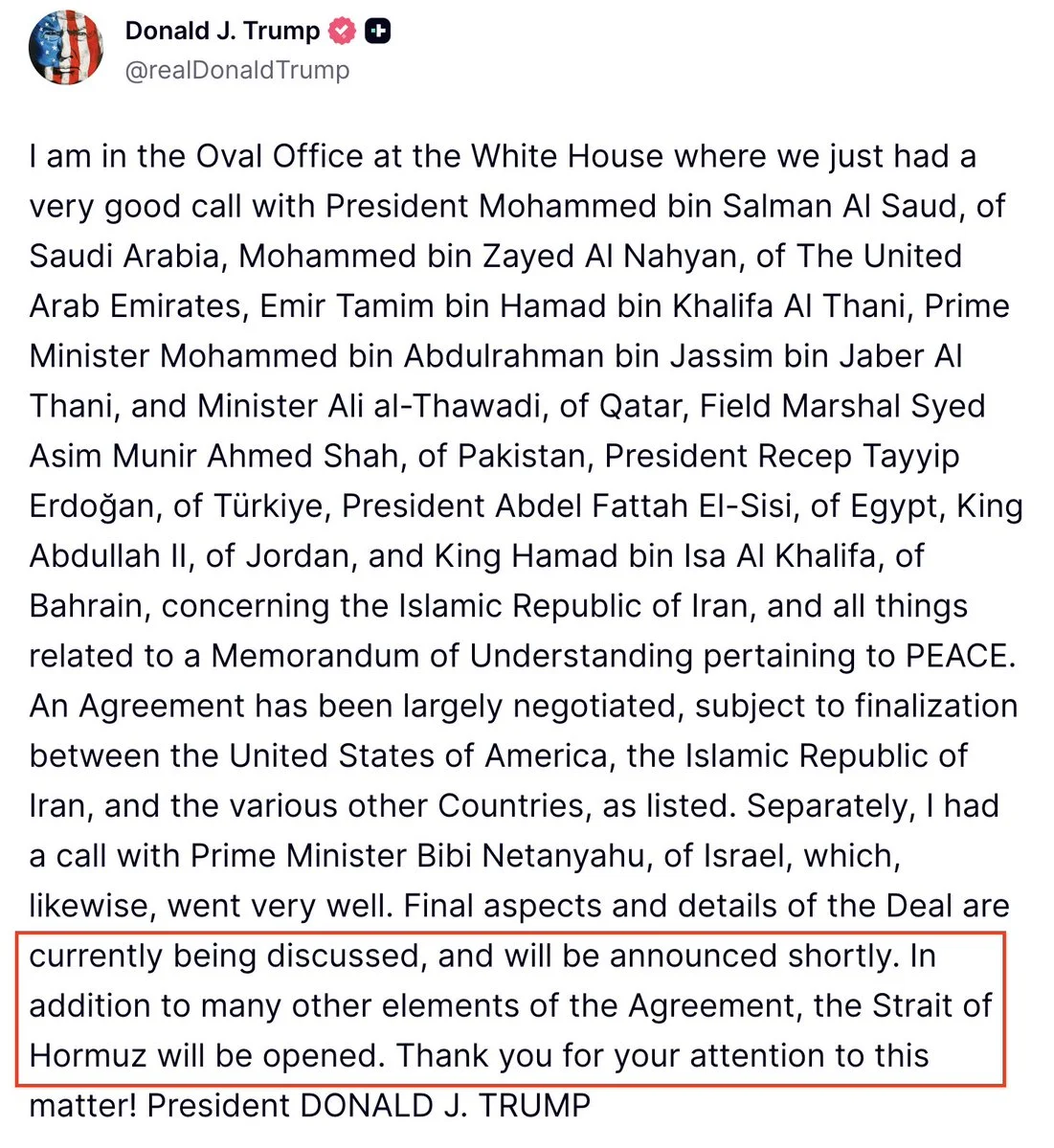 Trump Says Iran Deal Largely Done — Strait of Hormuz Set to Reopen!