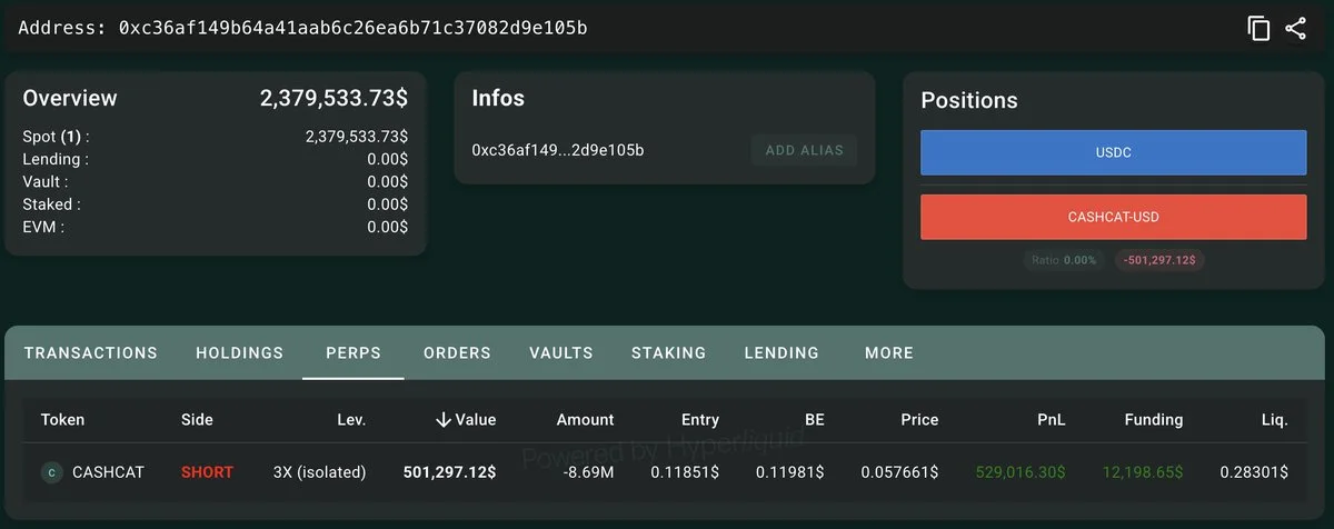 Trader's $529K Unrealized Short Profit on $CASHCAT Memecoin