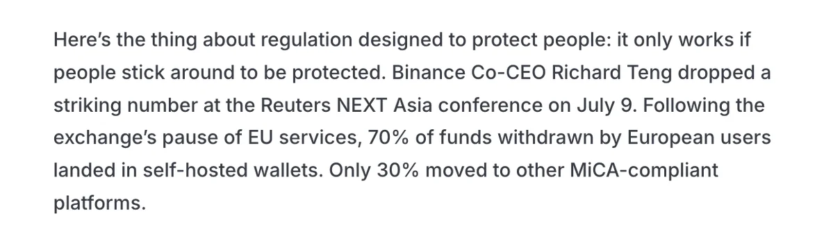Binance CEO: 70% of EU Withdrawals Moved to Self-Custody Wallets