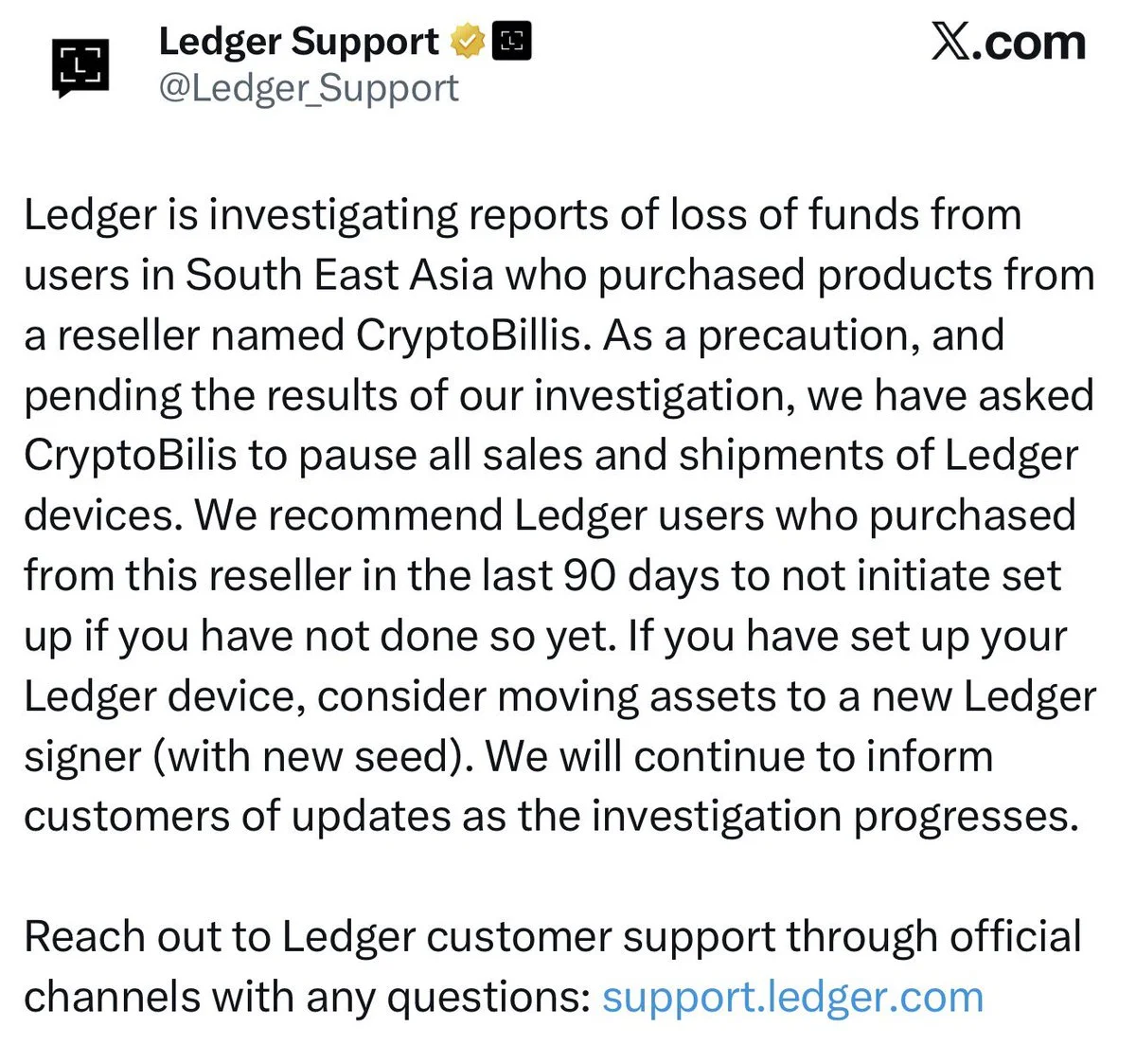 Ledger Probes Reported $86M Theft Tied to Reseller Wallets