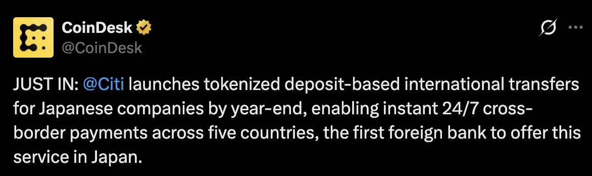 Citi, Japonya'da Tokenize Mevduat Transferini Başlatıyor