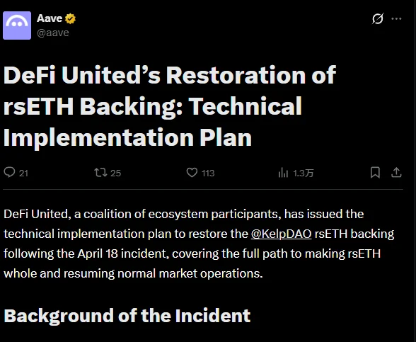 Aave: DeFi United Releases Plan to Restore KelpDAO rsETH Backing

According to A