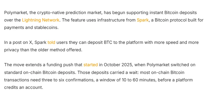 Bitcoin Lightning na Polymarket: depósitos instantâneos com Spark