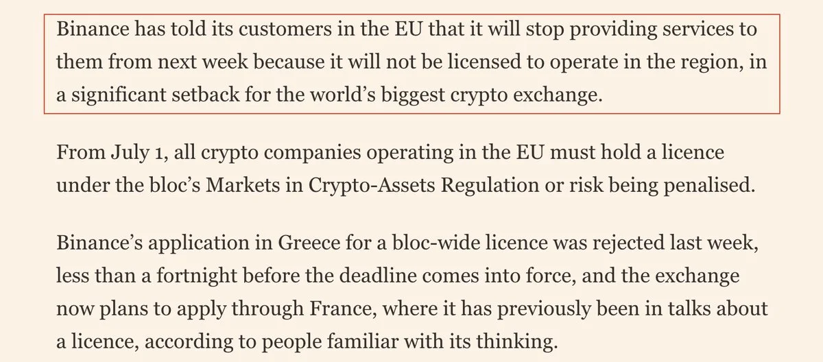 Binance quitte l'UE la semaine prochaine après le rejet MiCA