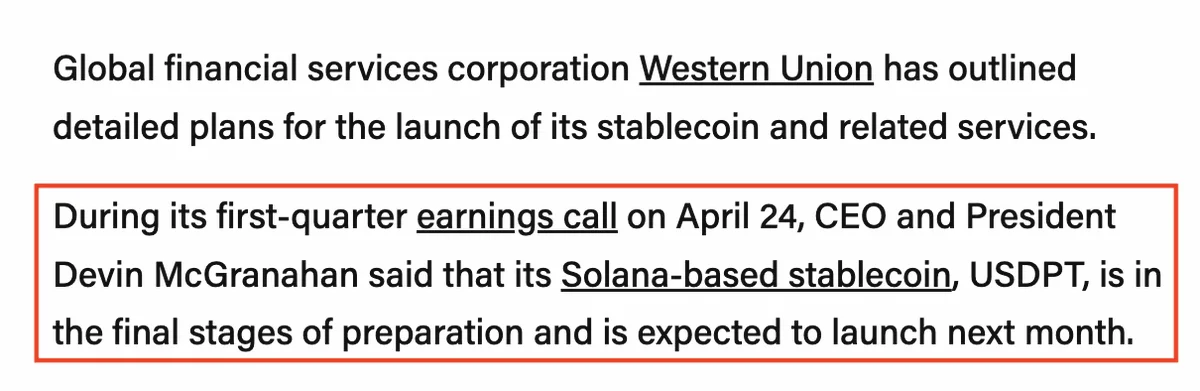 Western Union to Launch Solana-Based Stablecoin USDPT Next Month

Traditional cr