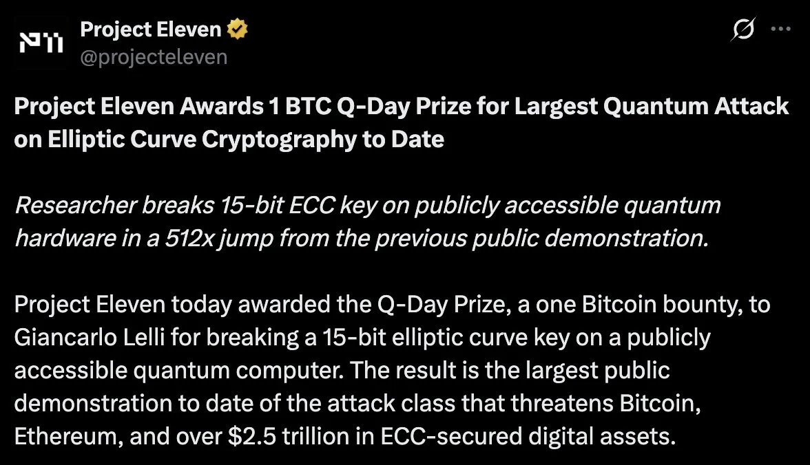 Researcher Breaks 15-Bit ECC Key on Quantum Hardware, Signals Potential Bitcoin 