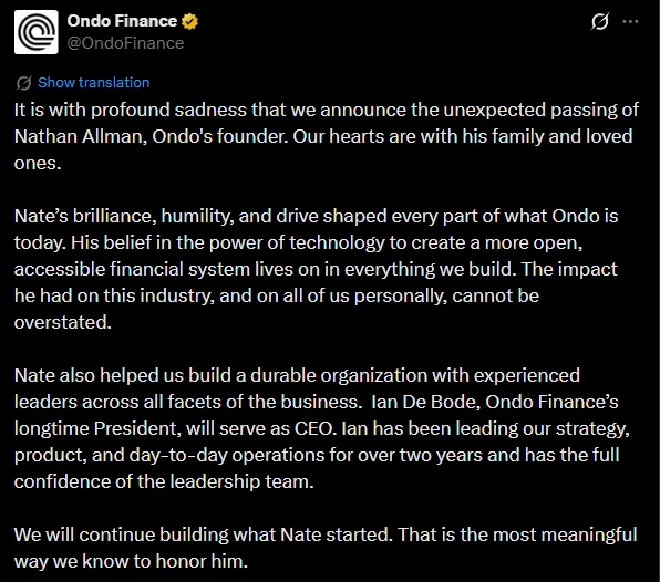 Ondo Finance Founder Nathan Allman Passes Away, Ian De Bode…