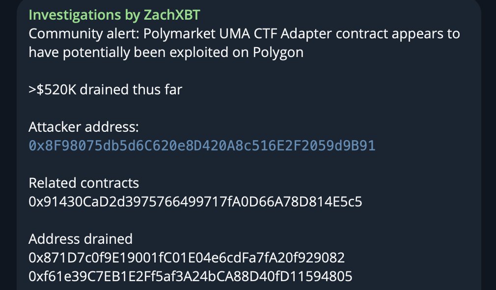 ZachXBT Flags Suspected Attack on Polymarket's UMA CTF Adapter — Over $520K Lost!