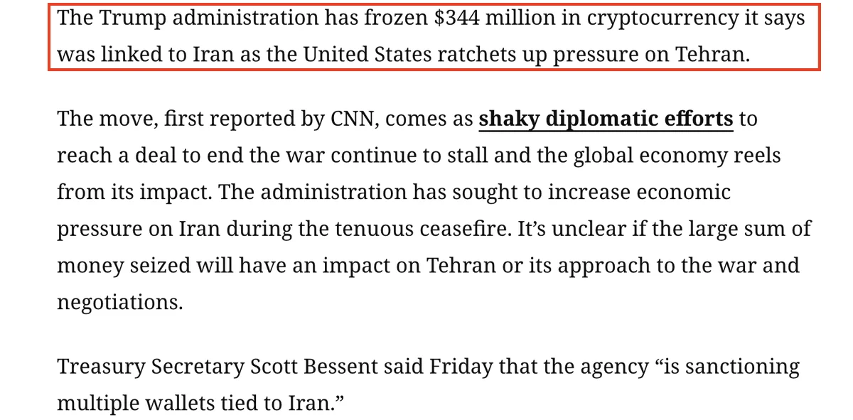 U.S. Freezes $344 Million in Cryptocurrency Linked to Iran

According to CNN, th