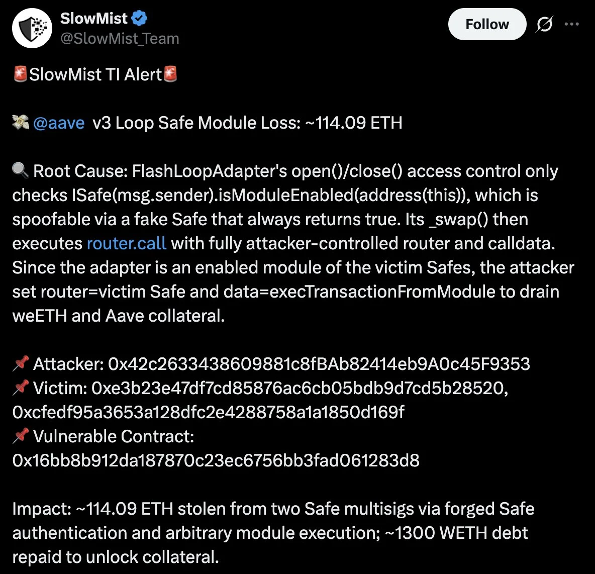 Aave v3 exploit drains 114 ETH from Safe multisigs