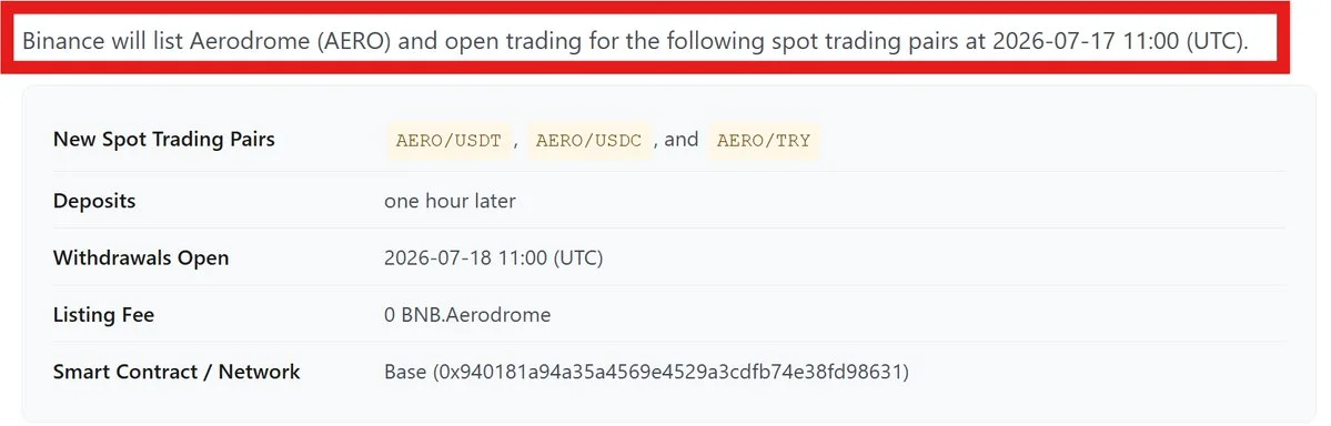 Binance Lists Aerodrome AERO With Seed Tag on July 17