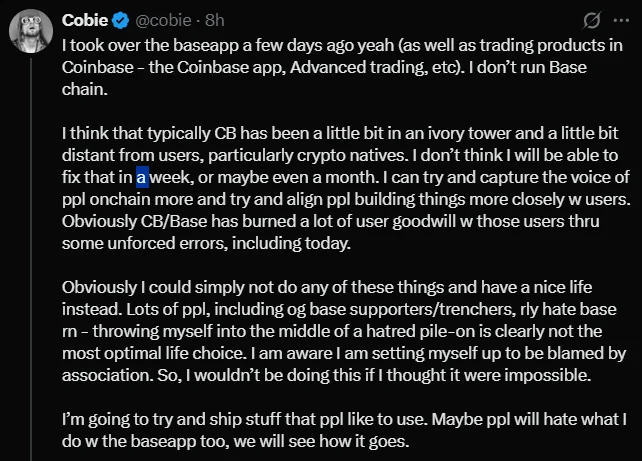 Cobie takes over Coinbase Base App, admits trust collapse