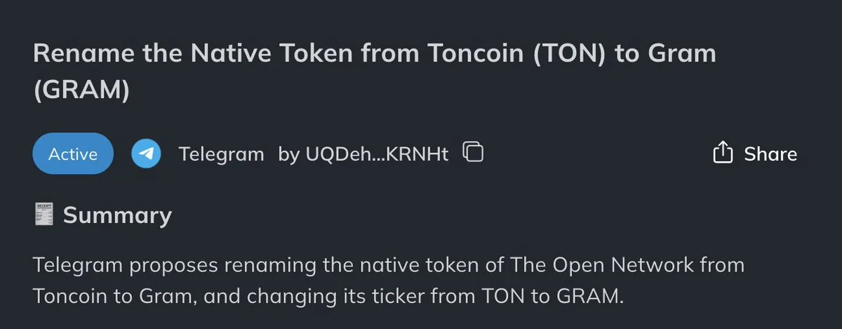 TON renomeia token nativo para Gram, nome da blockchain permanece.
