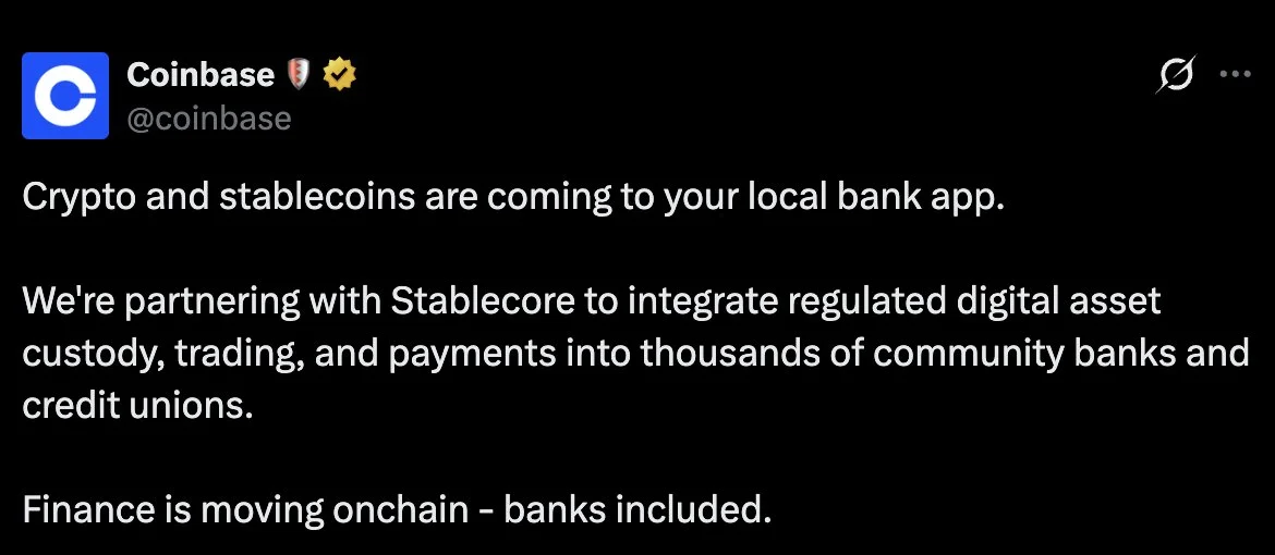 Coinbase, Stablecore Bring Crypto to 3,000 US Banks