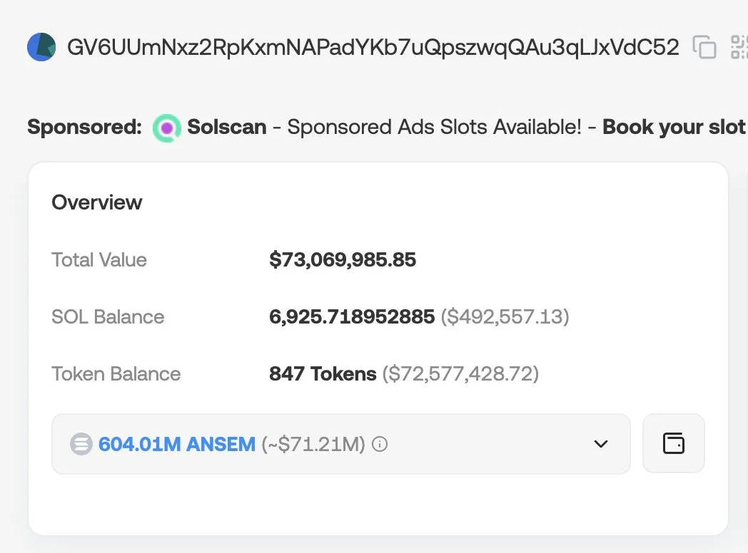 $ANSEM-Wallet hält 604 Mio. Token im Wert von 71 Mio. $