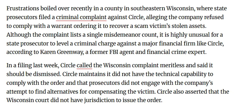 USDC: Wisconsin prosecutors file criminal complaint against Circle