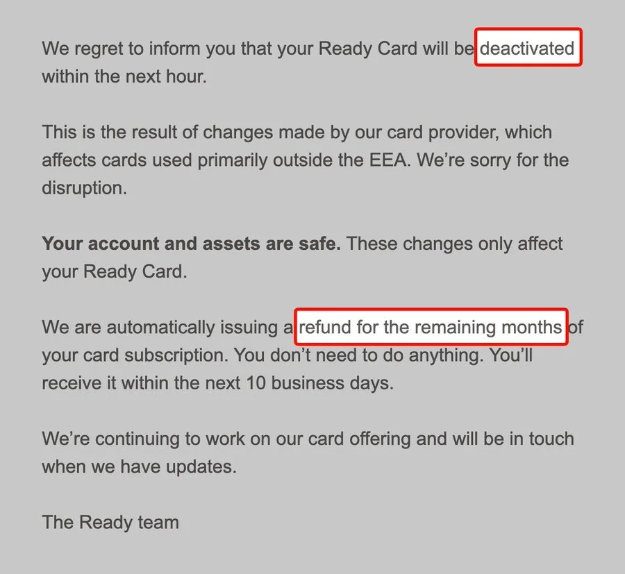Ready Card halts service outside EEA after issuer change