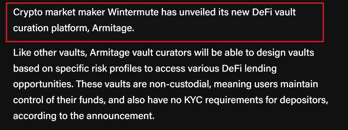Wintermute Launches Armitage: Non-Custodial DeFi Vaults for Institutional Collateral!